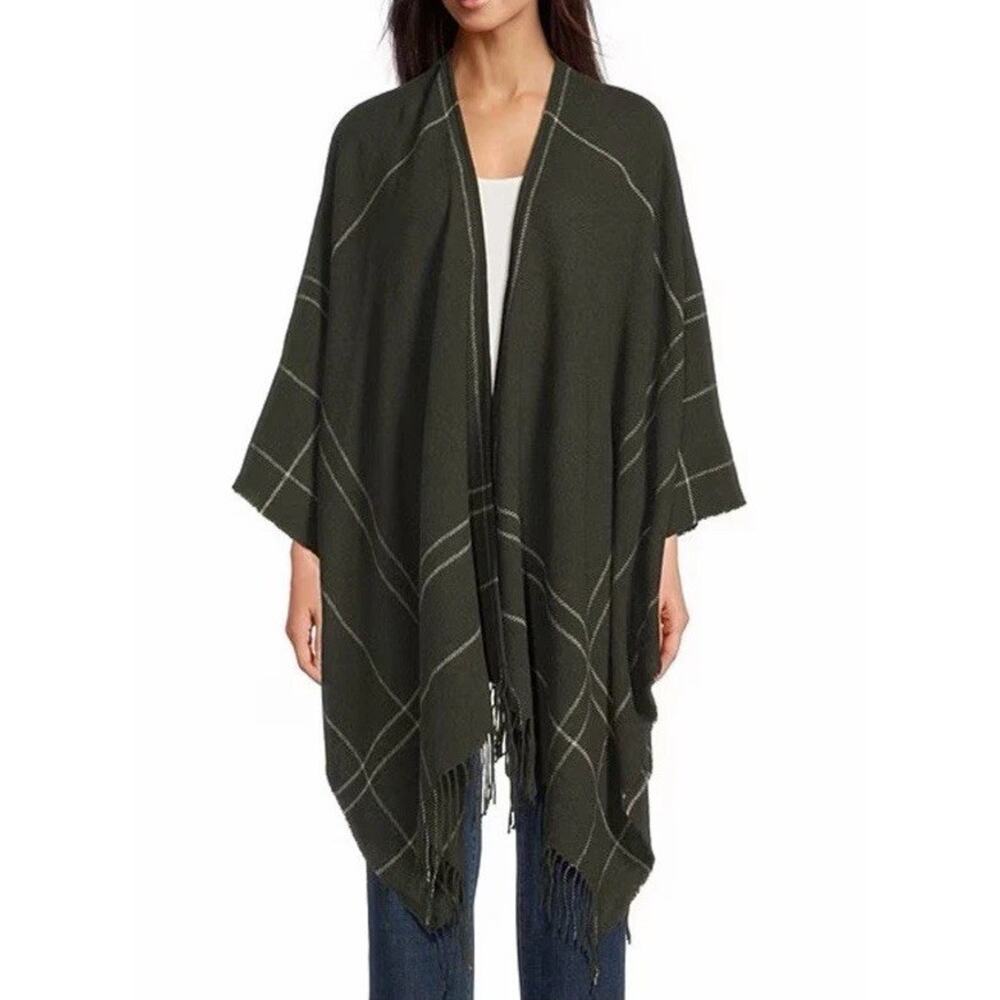 Eileen Fisher Wool Twill Green Plaid Wrap Fringe $188 NWT
